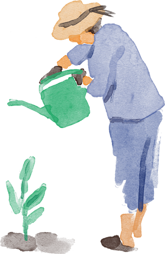 Watercolor older woman watering a plant